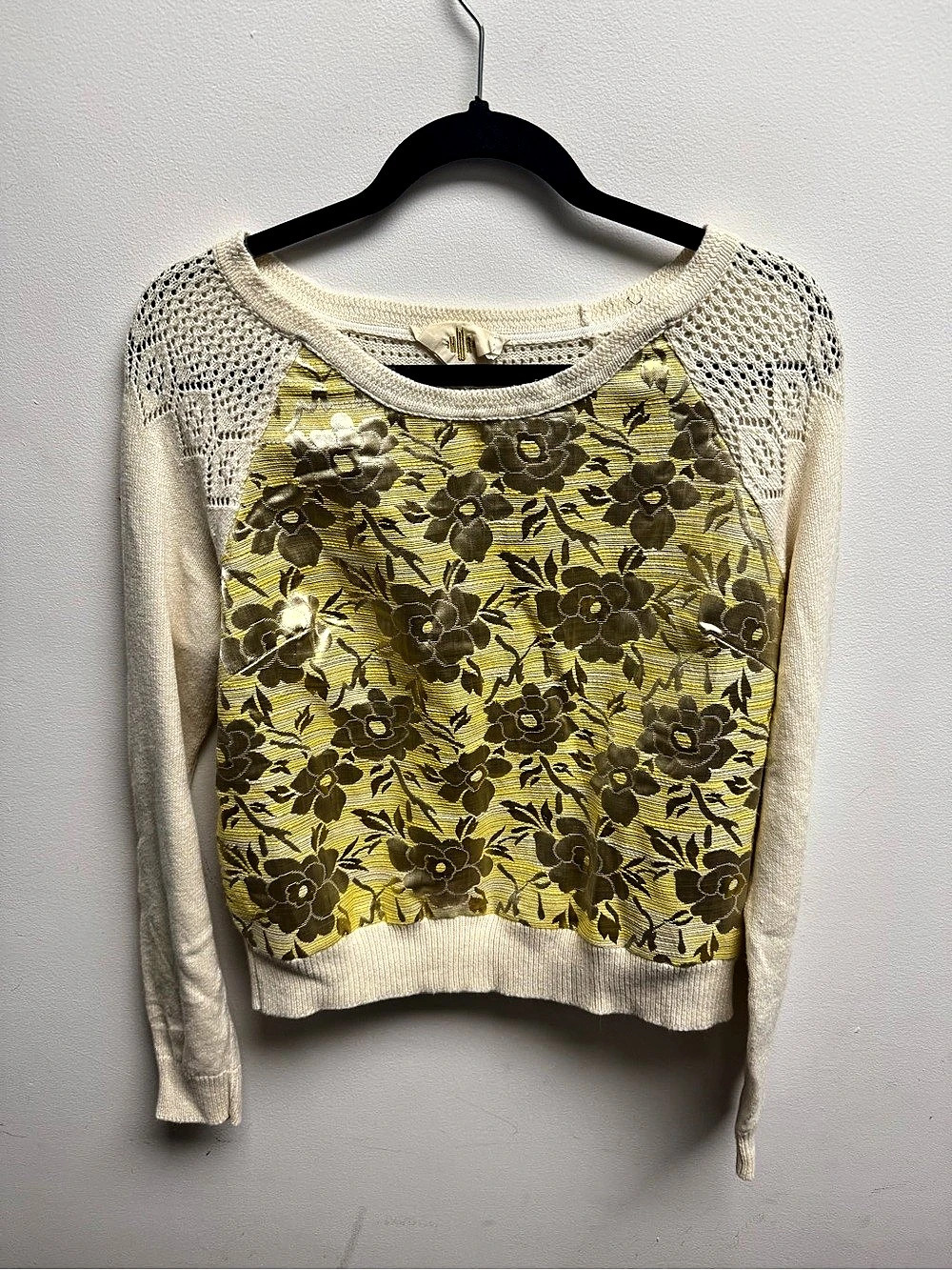 Free People Floral Knit Sweater in Cream & Green